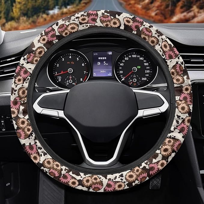 Universal Non-Slip Steering Wheel Cover, 15-inch Polyester Material Driving Accessories, Adjustable for Car and Truck(Sunflower Heart Leopard Print)