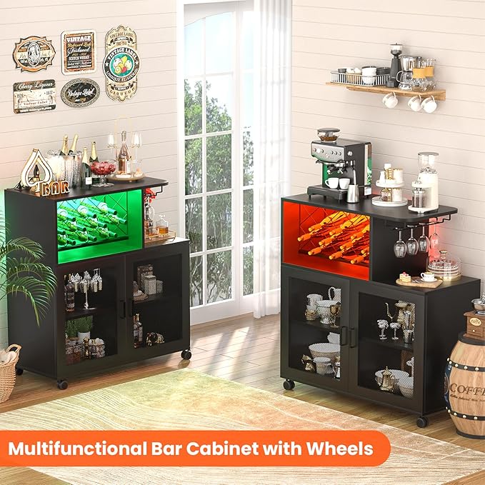 Wine Bar Cabinet with Wheels, Small Liquor Cabinet with LED Light, Home Bar Cart with Power Outlets, Coffee Bar with Wine Rack, Glasses Storage for Kitchen, Dining Room, Living Room, Black