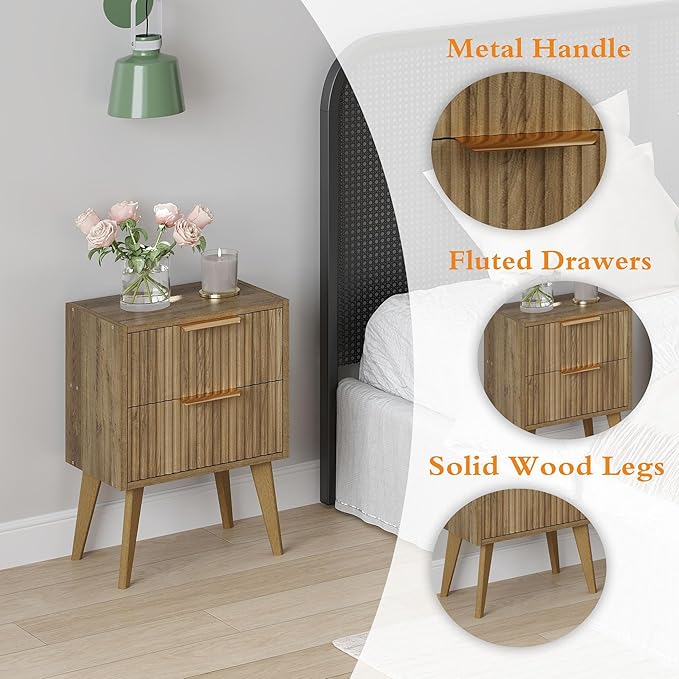 Mid Century Modern Nightstand,Small Bedside Table with 2 Drawers,Fluted Side Table,Walnut Brown End Table for Living Room,Bedroom,Small Space,Caramel Oak 11.8" D x 16" W x 22.4" H CTG55BR