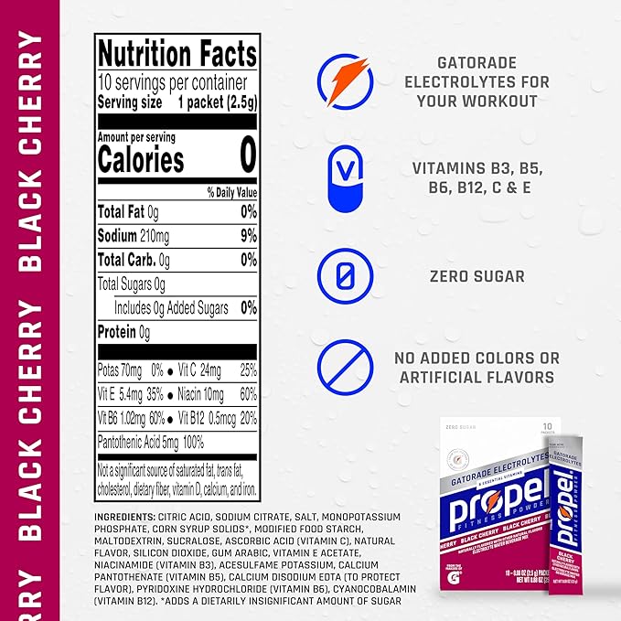 Propel Electrolyte Enhanced Water Drink Mix Powder Packets, Black Cherry, Zero Calorie & Sugar, Hydration with Electrolytes and Vitamins C & E (120 Packets), (Pack of 2)
