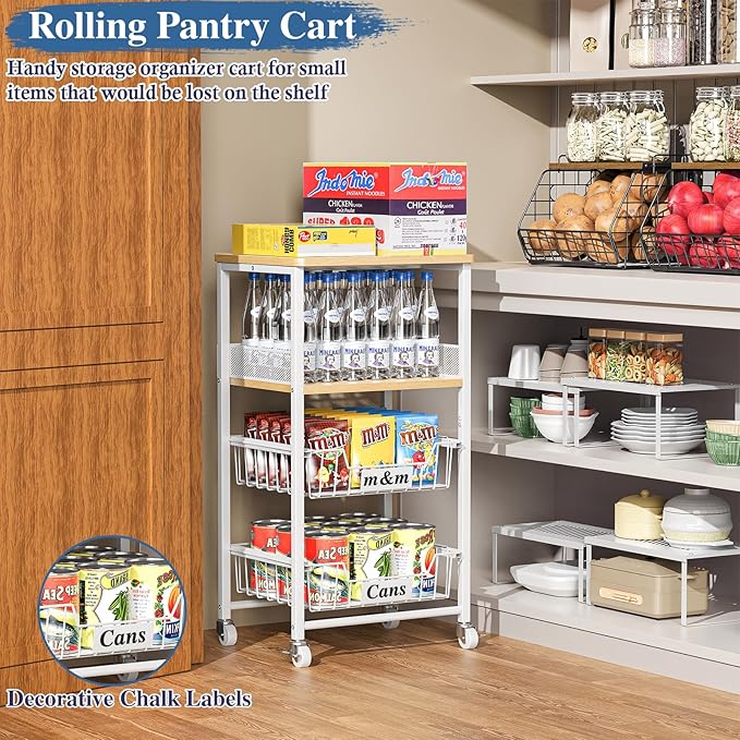 4 Tier Rolling Cart with Drawer Baskets, Metal Utility Storage Cart with Wheels and Wood Top for Living Room, Kitchen, Home Office, Bedroom, Pantry, Baby Essential, Craft, Snack, Makeup, White