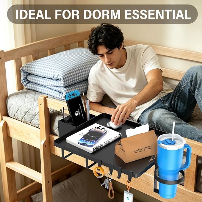 Bedside Shelf, Metal Bed Shelf For Dorm Room Bunk Bed & Top Bunk, College Dorm Room Essentials, Clip On Floating Tray Space Saving Nightstand For Loft Beds With Removable Cup & Holder (Black)