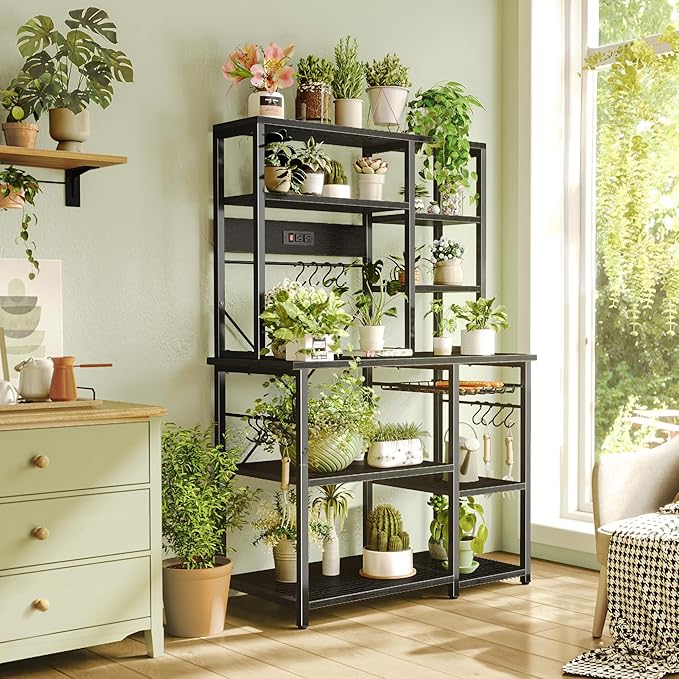 SUPERJARE Large Bakers Rack with Power Outlets, 6-Tier Microwave Stand, Coffee Bar with 12 S-Shaped Hooks, Kitchen Shelf with Wire Basket, 39.4 x 14.6 x 66.9 Inches, Black