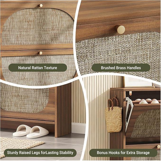 Nicetree Freestanding Ultra Slim Arched Rattan Accent Shoe Storage Cabinet for Entryway - 2 Flip Drawers & 3-Tier Adjustable Shelves, Farmhouse Modern Rustic Shoe Rack for Hallway Foyer,Oak