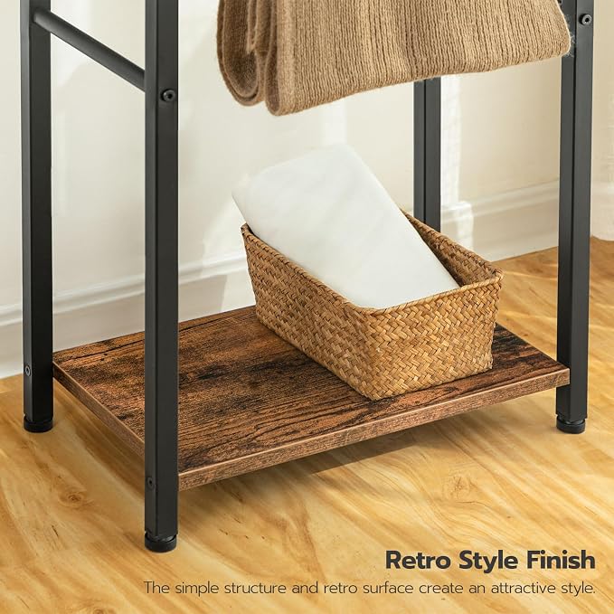 HOOBRO Free Standing 2 Tier Towel Rack for Bathroom and 6-Tier Blanket Ladder with Hooks Bundle, Blanket Holder, Drying and Display Rack with Shelf, Rustic Brown and Black BF02LB01-BF66CJ01