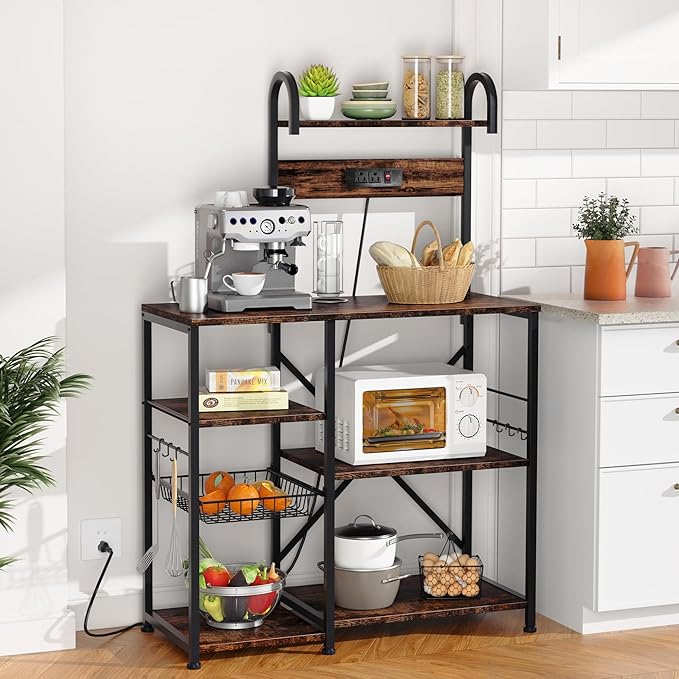 Shintenchi Kitchen Bakers Rack with Power Outlet, Multifunctional Organizer & Storage with 6 Hooks, Microwave Oven Stand, and Coffee Station Shelf, Vintage Brown