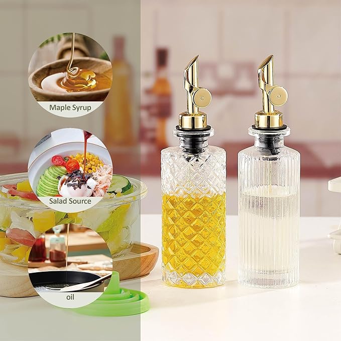 Glass Olive Oil Dispenser Bottle Small, 6.5 Oz/ 200 ml Coffee Simple Syrup Bottles with Gold Metal Pour Spout, Funnel, Measuring Cup, Oil and Vinegar Bottle for Kitchen (2 Pack)