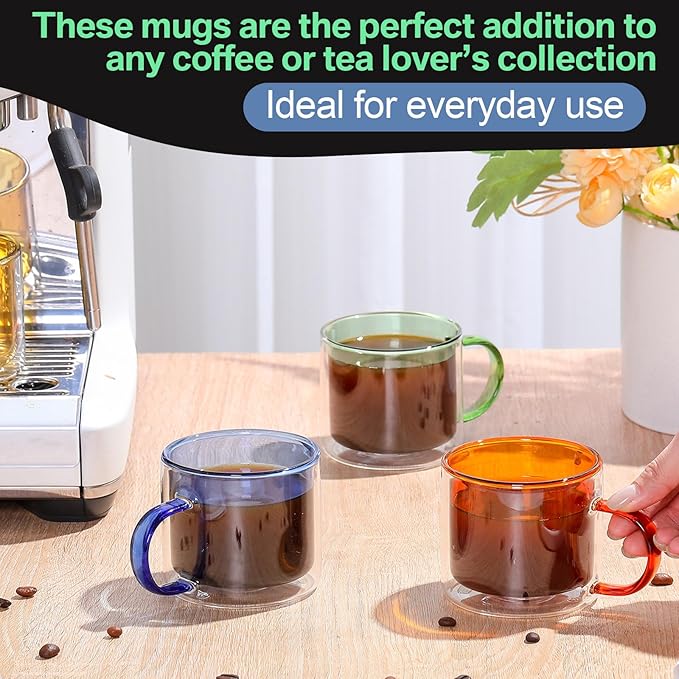 Domensi 4 Pcs Double Wall Coffee Mugs 10 Ounce Milk Glass Mugs with Handle Insulated Tea Cups Gift Set for Holidays Birthday Home Coffee Bar(Amber, Green, Blue, Yellow)