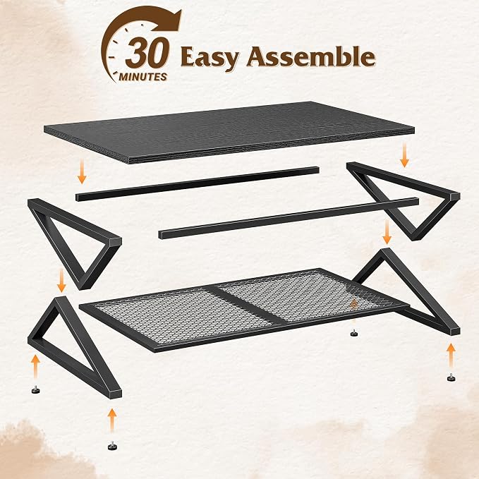 EnHomee Black Coffee Table with Storage, Modern Coffee Tables with Mesh Shelf, 2 Tier Minimalist Industrial Center Table for Living Room, Office, 47.2 Inch, Black Oak