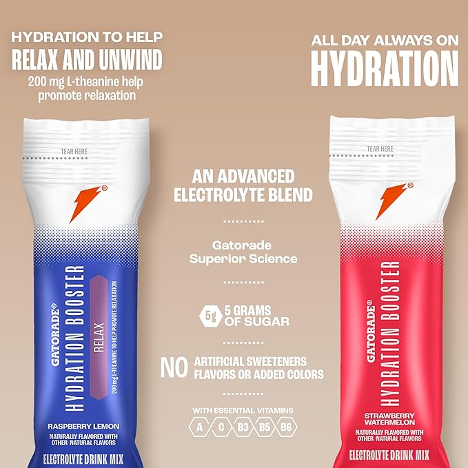 Gatorade Hydration Booster Electrolyte Drink Mix Powder Packets, Relax and Unwind, Raspberry Lemon, Makes 20 Fl Oz (Pack of 48)
