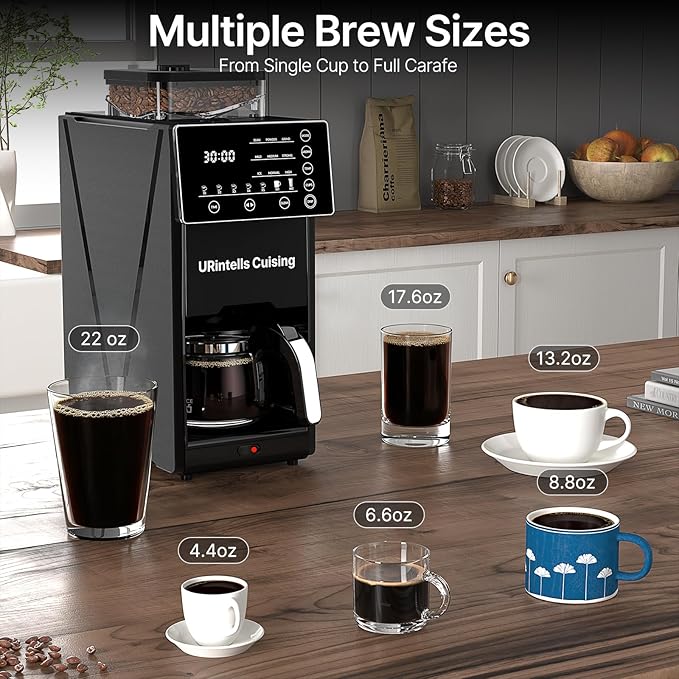 Coffee Maker with Grinder, 22OZ Drip Coffee Maker with Glass Carafe and Removable Filter, Programmable Hot and Cold Bean to Cup Coffee Machine with Timer, Auto Shut Off