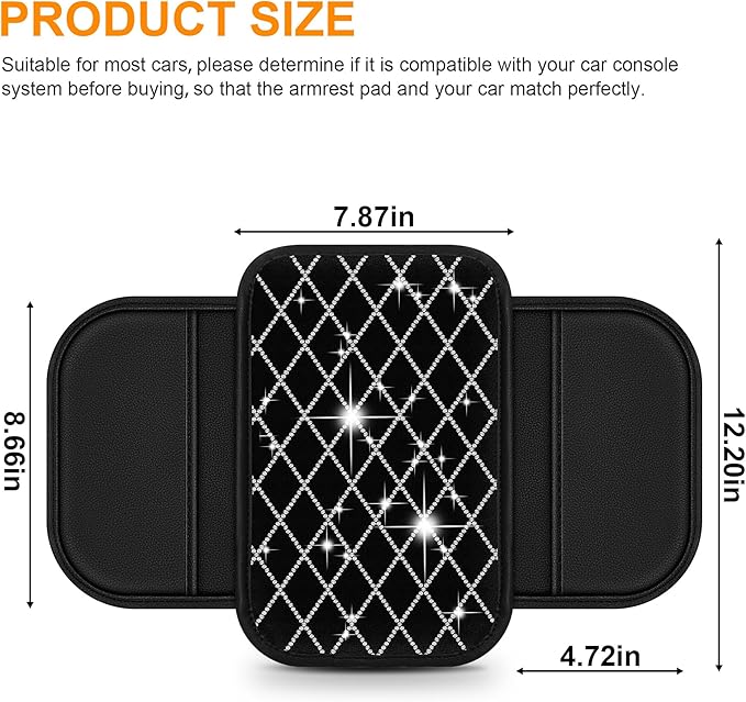Car Center Console Bling Cover Fit for Mazda CX-7 Quilted Waterproof Leather Armrest Pad with 2 Pockets Crystal Rhinestone Non-Slip Backing (Black)
