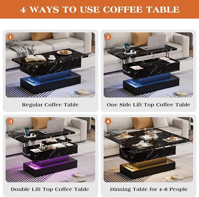 39.4" Lift Top Coffee Table with Charging Station, 4-in-1 Multifunctional Coffee Table with Storage & Hidden Compartments, High-Glossy Marbling Print LED Center Table for Living Room, Black