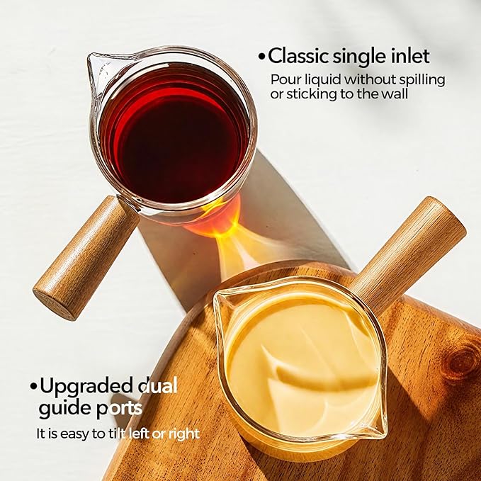 YARRAMATE 2.5 oz/75ML Espresso Cups with Wood Handle, Clear Glass Espresso Accessories, Double Spout Measuring Cup with Dual Scale, Espresso Shot Glass with V-Shaped Spout, Dishwasher Safe