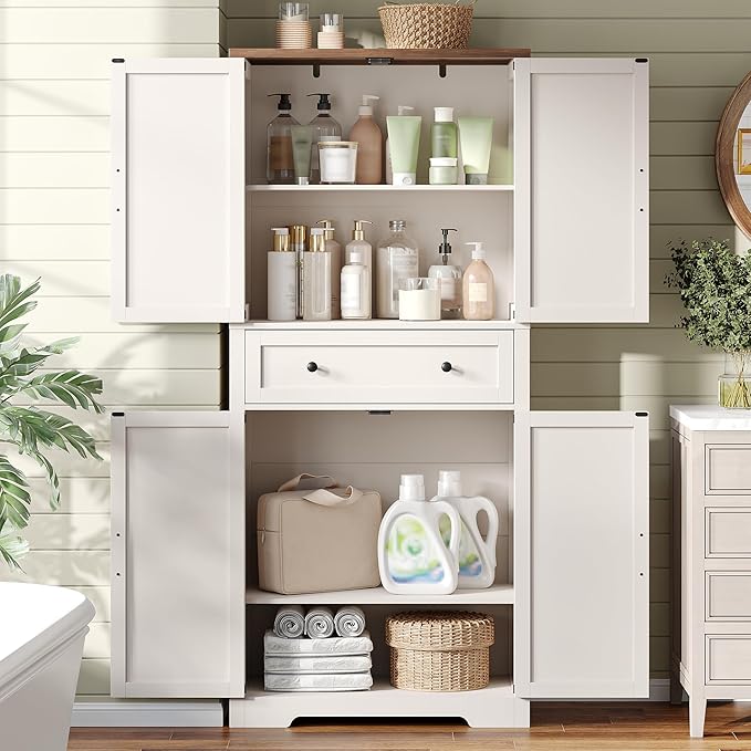 71" Tall Kitchen Pantry Storage Cabinet with Barn Doors and Shelves, White Farmhouse Linen Storage Cabinet With Drawers, Free standing Food Pantry Cabinets for Kitchen, Dining Room, Living Room