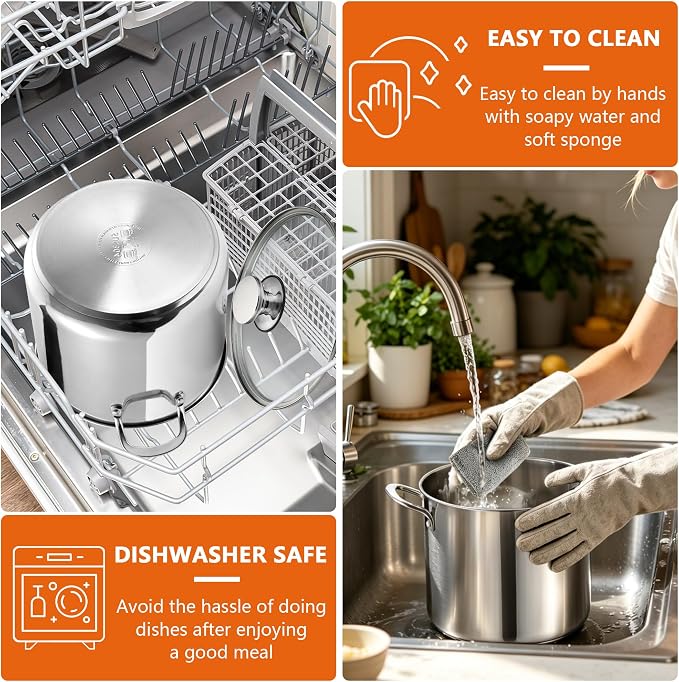 P&P CHEF 8 Quart Stainless Steel Stock Pot with Lid, Large Stockpot for Cooking Pasta Soup, Cookware for Induction Gas Electric Stoves, Visible Lid & Measuring Markings, Dishwasher Safe