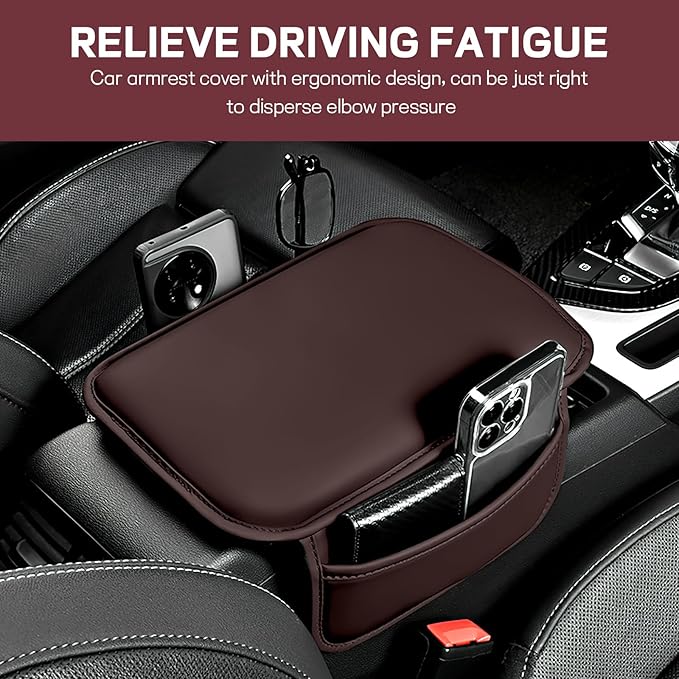 wuyaoyao Car Center Console Cover, Leather Memory Foam Armrest Cover Cushion with 2 Storage Bags, Universal Car Armrest Seat Box Pad Car Interior Accessories Protector for Most Vehicle (Brown)