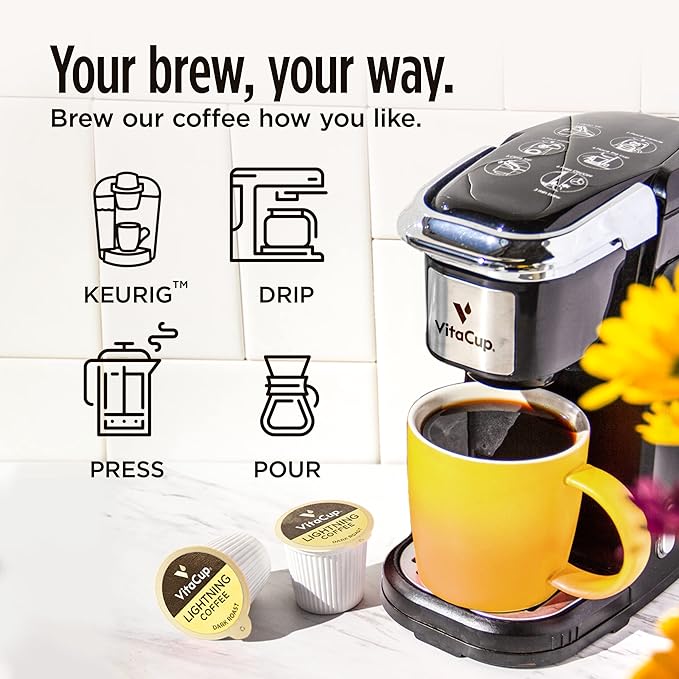 VitaCup Lightning Coffee Pods, for Memory & Focus w/ 2X Caffeine, Green Coffee Bean, B Vitamins, D3, Strong Dark Roast, Single Serve Pod Compatible with Keurig K-Cup Brewers,32 Ct