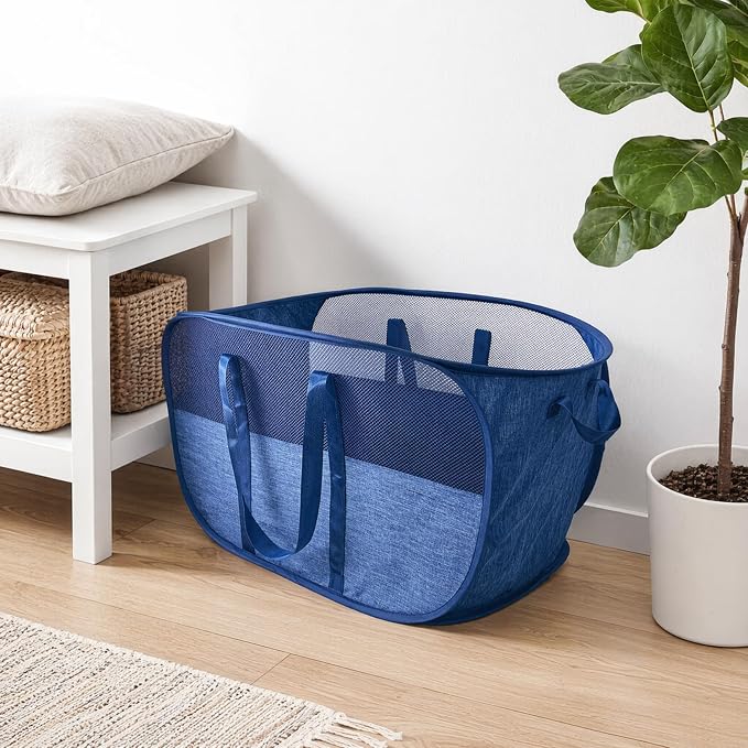 Extra Large Mesh Pop Up Laundry Hamper, 100L Collapsible Laundry Basket, Dirty Clothes Hamper with Reinforced Handles, Storage Bins for Shelves, Dorm or Home Portable Stair Laundry Basket. Blue