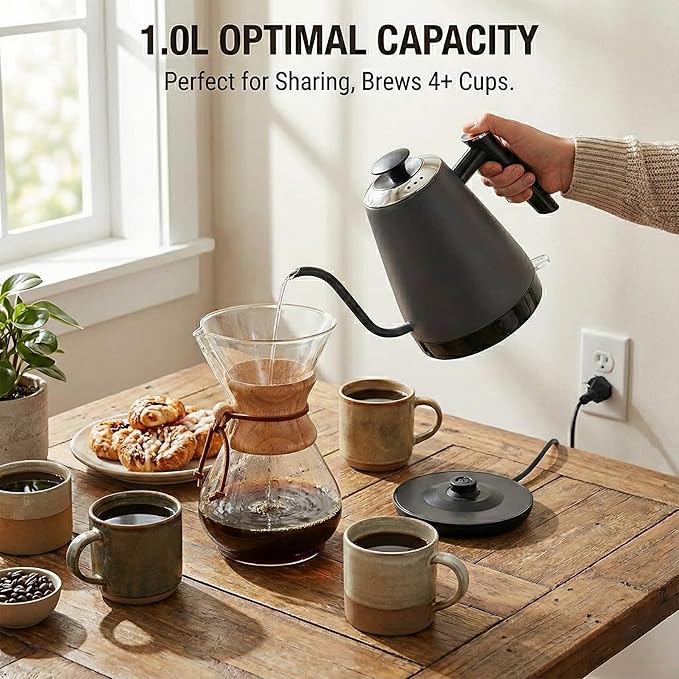 Electric Gooseneck Kettle, Pour Over Kettle for Coffee & Tea, Hot Water Boiler, 100% Stainless Steel Inner Lid & Bottom (K02)