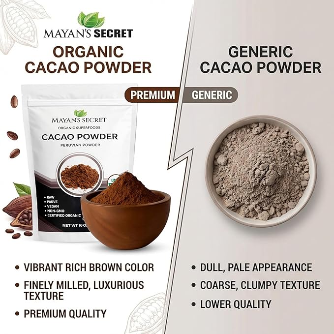 Mayan’s Secret - Organic Cocoa Powder Unsweetened - Raw Cacao Powder Organic Pure Dark Cacao for Smoothie, Coffee and Drink Mixes - Non-Alkalized, Vegan & Gluten Free (1 Pound - Pack of 1)