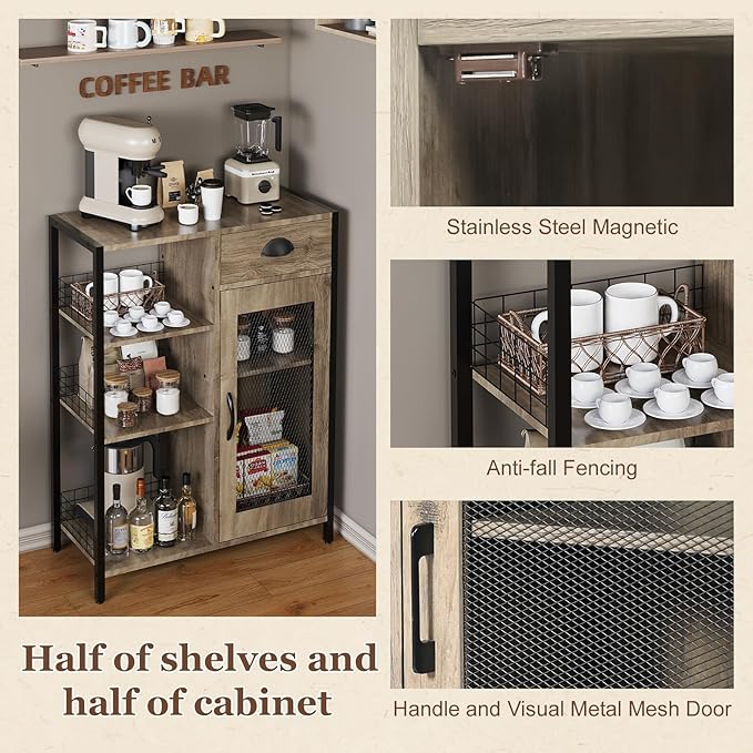 X-cosrack 3 Tier Coffee Bar Table with Storage Drawer, 35.8" H Adjustable Shelf Farmhouse Coffee Stand Station Table for Corner, Kitchen, Dining, Liquor Cabinet Rustic Wood Coffee Table-Grey