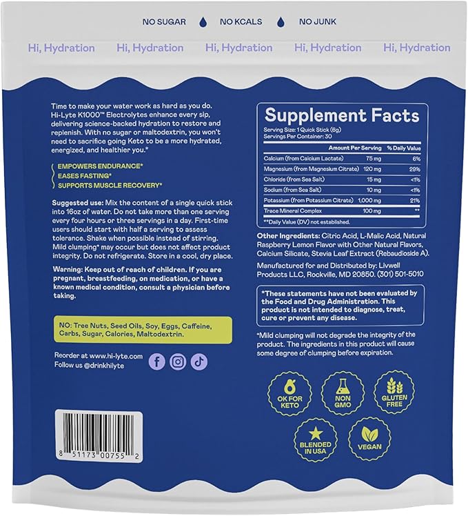 Hi-Lyte K1000 Electrolytes Powder Packets Raspberry Lemon, 30 Servings