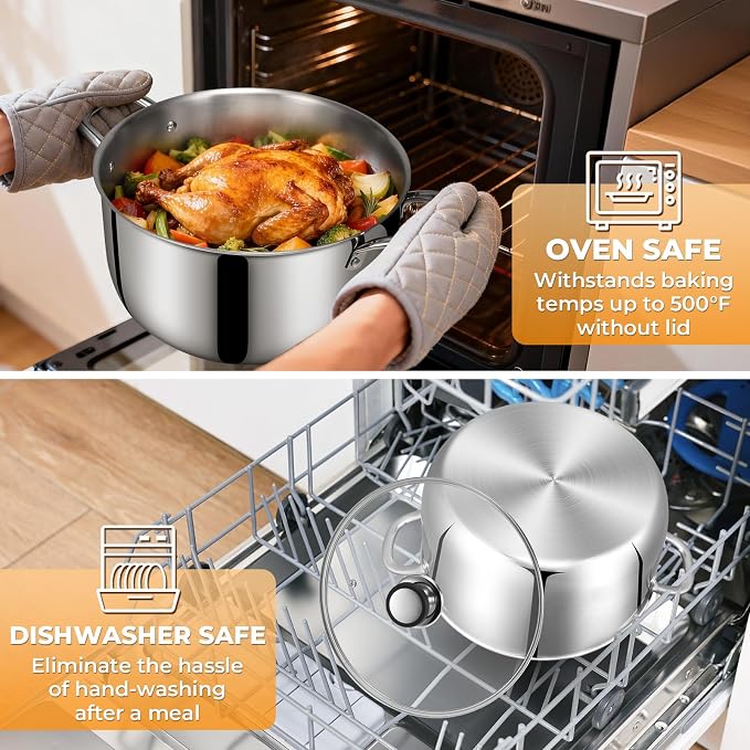 Tri-Ply Stainless Steel Stock Pot, 12 Quart Heavy Duty Induction Cooking Pot with Visible Lid for Pasta, Soup, Spaghetti, Sturdy & Double Handle, Dishwasher Safe