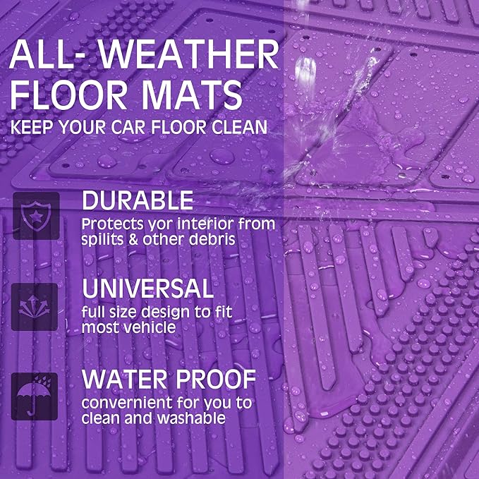 CAR PASS Heavy Duty Rubber Floor Mats Gray Car Mats Full Set with Trunk Cargo Liner - Universal Waterproof Floor Mats for Car SUV Truck, Durable All Weather Automotive Liner Mats (All Purple)