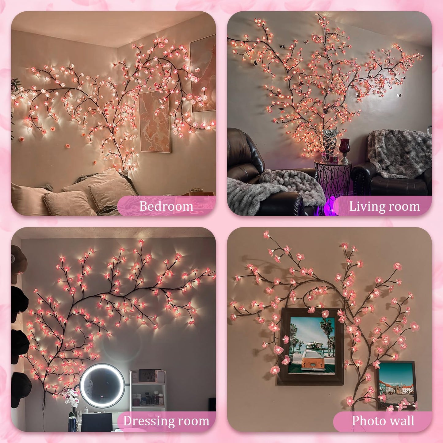 FIALAME DIY Cherry Blossom Lights, 5.91FT, 96 LED, Remote Timer, 8 Light Modes, Resin, Pink Decor for Bedroom and Christmas