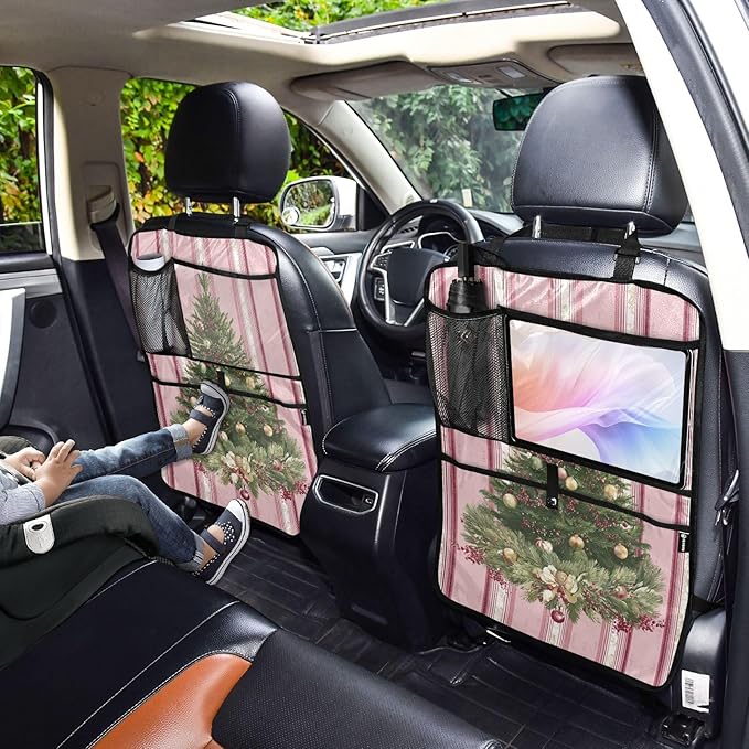 2 Pack Back Seat Car Organizer with Storage Pockets Kick Mats Back Seat Protector Hanging Car Organizer Automotive Seat Back Cover Organizers Cute Pink Striped Christmas Tree
