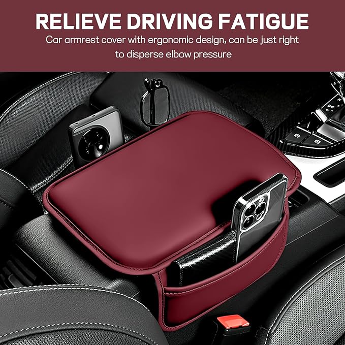 wuyaoyao Car Center Console Cover, Leather Memory Foam Armrest Cover Cushion with 2 Storage Bags, Universal Car Armrest Seat Box Pad Car Interior Accessories Protector for Most Vehicle (Wine Red)