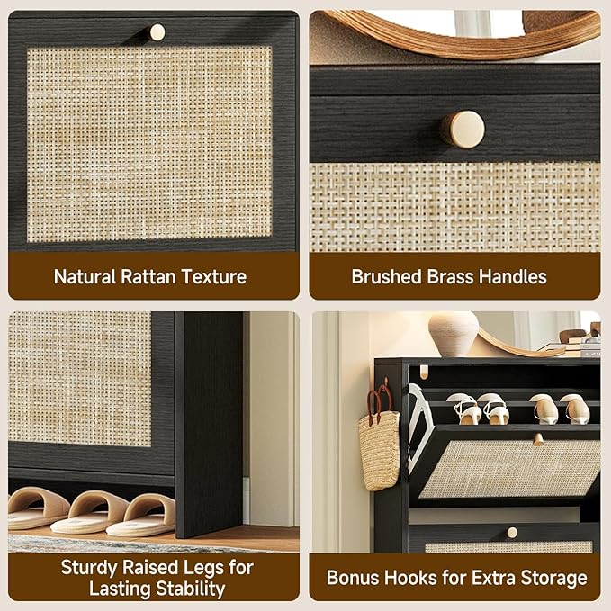 Nicetree Shoe Cabinet Storage for Entryway, 4-Flip Drawer Narrow Shoe Rack, Organic Modern Rattan Shoe Organizer with Gold Legs, Shoe Organizer Fits Men's Size 13.5, Black