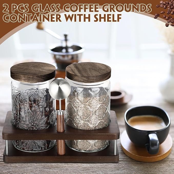 Suclain Glass Coffee Grounds Container with Shelf 2 x 34 oz Glass Coffee Bean Storage Canisters with Airtight Thread Lid and Measuring Spoon Food Storage Jars for Kitchen Sugar Nut