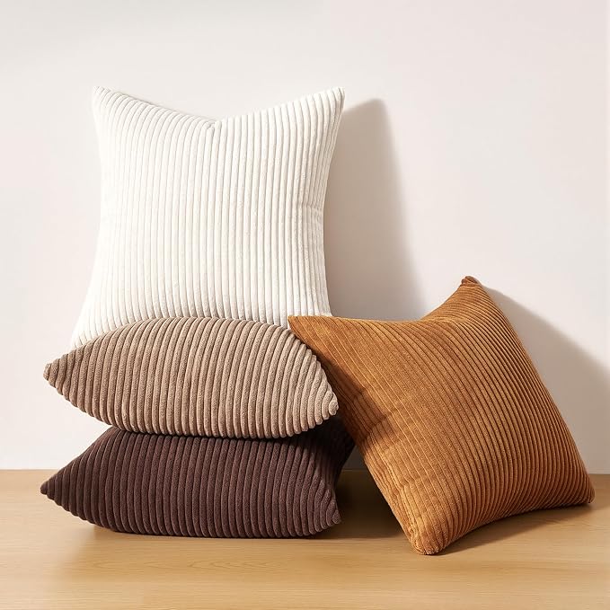 Topfinel Rustic Throw Pillow Covers 18x18 Inch Set of 4 Soft Farmhouse Corduroy Striped Decorative Cushion Cover Gold Brown Gradient Fall Pillow Case for Sofa Couch Living Room Bedroom