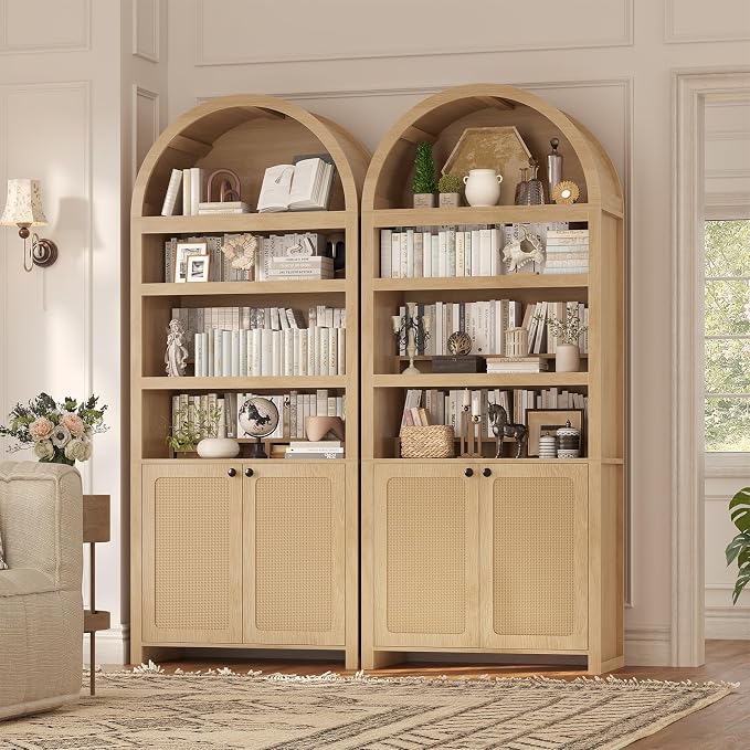 81" Tall Arched Cabinets,Bookcase with storage,Mid-Century Modern 6-Tier Bookshelf with Door,2 Book Risers and Adjustable Shelves offering more storage space for Living Room,Kitchen,Home Office,Oak