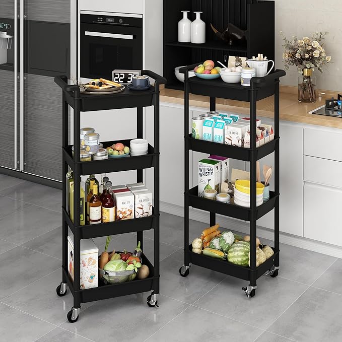 MIOCASA Utility Rolling Cart with Detachable Tray Top, 4-Tier Kitchen Storage Organization, Art Cart with Wheels for Office, Classroom, Livingroom, Kitchen, Bathroom (Black, 4-Tier-Plastic)