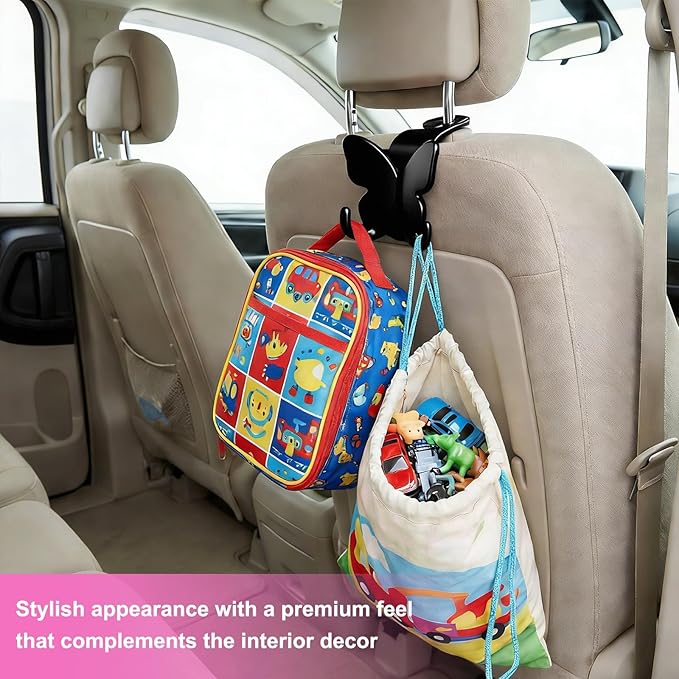 2 PCS Car Seat Headrest Hook, Butterfly Multipurpose Storage Hook Seat Back Purse Holder, Cute Butterfly Headrest Purse Hanger Interior Accessories for Car Truck SUV (Black)
