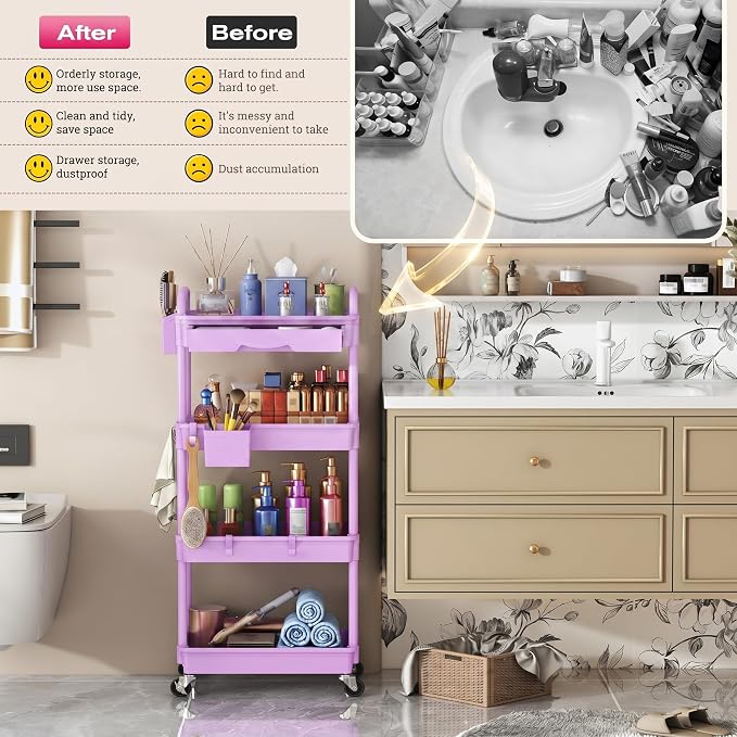 Goovilla Rolling Makeup Organizer Cart with Removable Drawer, 4 Tier Stable Purple Floor Skincare Storage Cart for Vanity, Cosmetic Display, Nail Polish, Perfume, Hair Stuff, Beauty, Bathroom(Plastic)