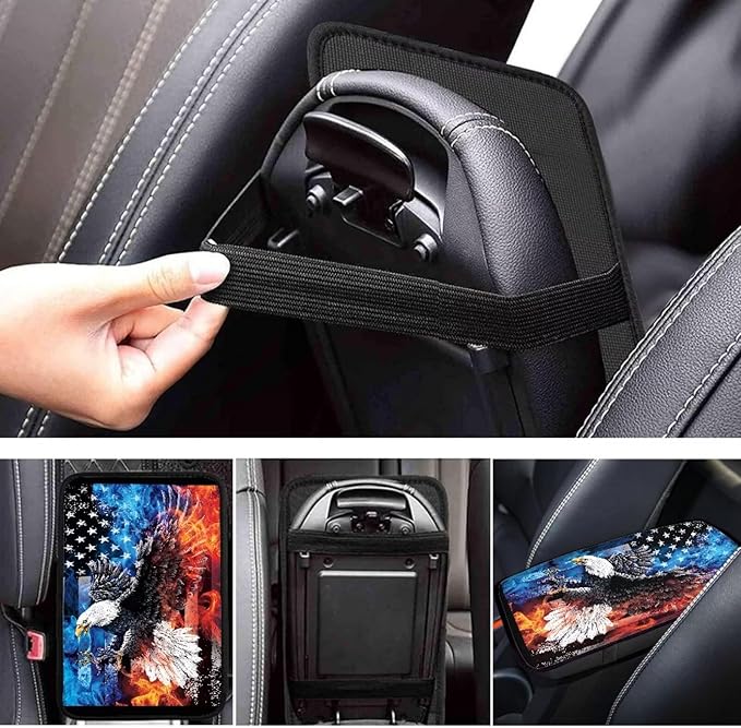 Horeset American Flag Flame Eagle Car Console Covers for SUV Universal Fit Cow Spot Auto Armrest Seat Box Cover Interior Protector, Easy to Install