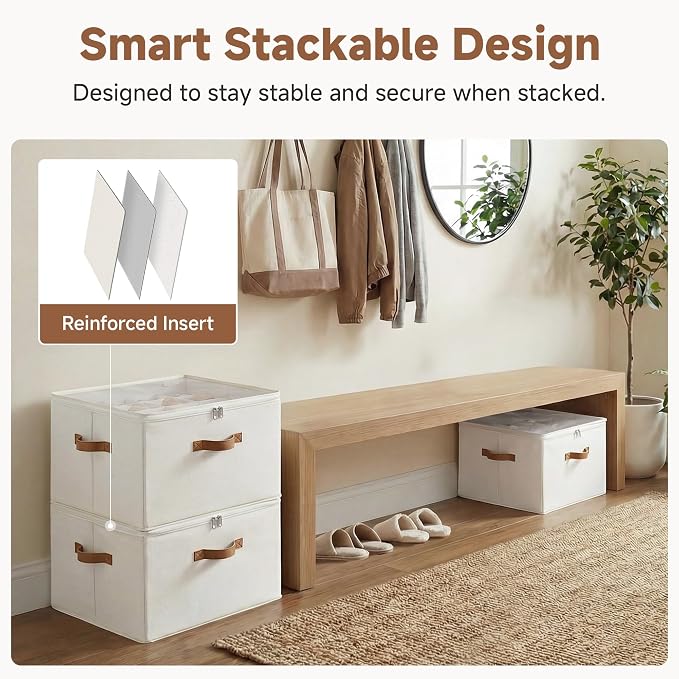 StorageWorks 2 Pack Shoe Organizer for Closet, Foldable Shoe Storage Box with Adjustable Dividers, Fabric Shoes Container, Stackable Storage Bins for Boots, Sneakers, Fits up to 16-32 Pairs, Beige