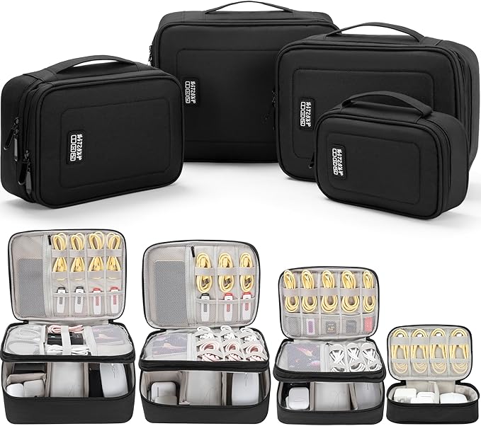 AKOZLIN Cord Organizer Case with Adjustable Divider 4pcs/set Padded Cable Organizer Bag Double Layer Electronics Travel Case DJ Cable File Bag Black