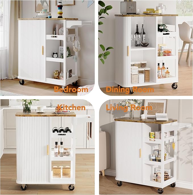 Small Rolling Kitchen Island Cart with Sliding Doors, 35.3“ Mobile Kitchen with Storage, Adjustable Height Shelves, Locking Casters Storage Island Table for Kitchen, Living Room, Dining Room(White)