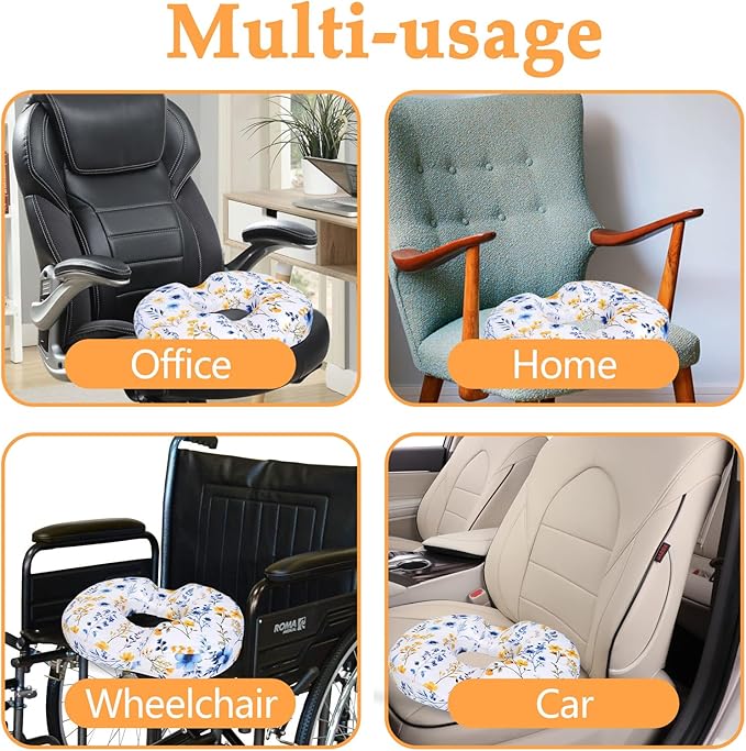 Floral Donut Pillow for Hemorrhoids Seat Cushion for Tailbone Pain Relief - Flower Home Office Chair Cushion for Long Sitting Work - Memory Foam Car Seat Cushions for Driving Butt Pain Pressure Relief