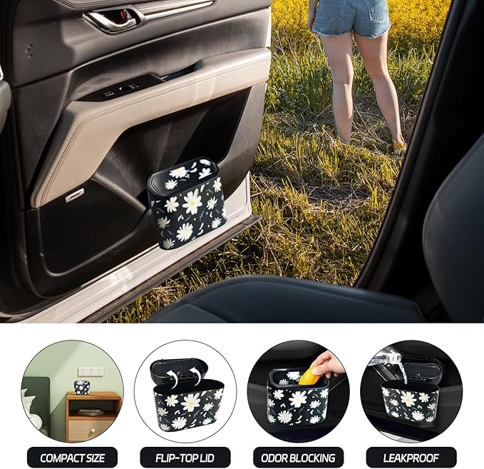 Mini Car Trash Can with Lid – Cute Floral Car Interior Accessory with 5 Trash Bags, Small Automotive Organizer for Front and Back Seat, Universal Fit Trash Bin for SUV, Sedan, Truck, Office or Home