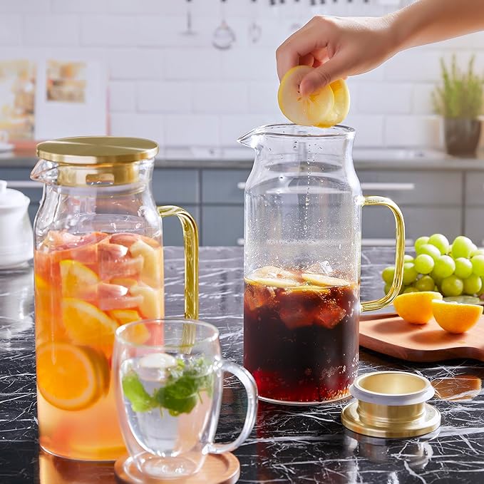 Bivvclaz 2 Liter 68 oz Gold Glass Pitcher with Lid and Handle, Glass Carafe for Hot/Cold Water, Large Iced Tea Pitcher for Coffee, Juice and Homemade Beverage