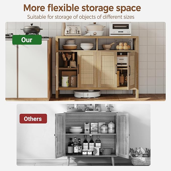 Mericonia Rattan Buffet Cabinet with Storage, Sideboard with Doors, Console Table, Farmhouse Coffee Bar, Modern Wood Storage Cabinets TV Stand(Natural 2.0)
