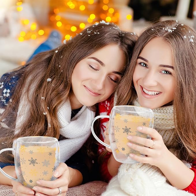 JarThenaAMCS Christmas Double Wall Glass Coffee Mugs 12Oz Gold Silver Snowflake Insulated Glasses Clear Espresso Cups with Handle for Winter Xmas Holiday Supplies, Set of 2