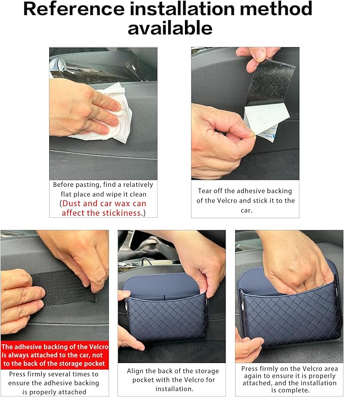 Self-Adhesive Car Seat Side Pocket Organizer with Cable Port - Black PU Leather Storage Pouch for Phone & Keys, Fits Gaps, Console & Door (Glossy Black)