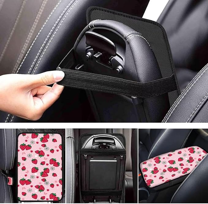 Horeset Strawberry Car Armrest Cover Pad Decor Protection Non-Slip Comfortable Arm Rest Storage Box, Easy to Install/Universal Fit